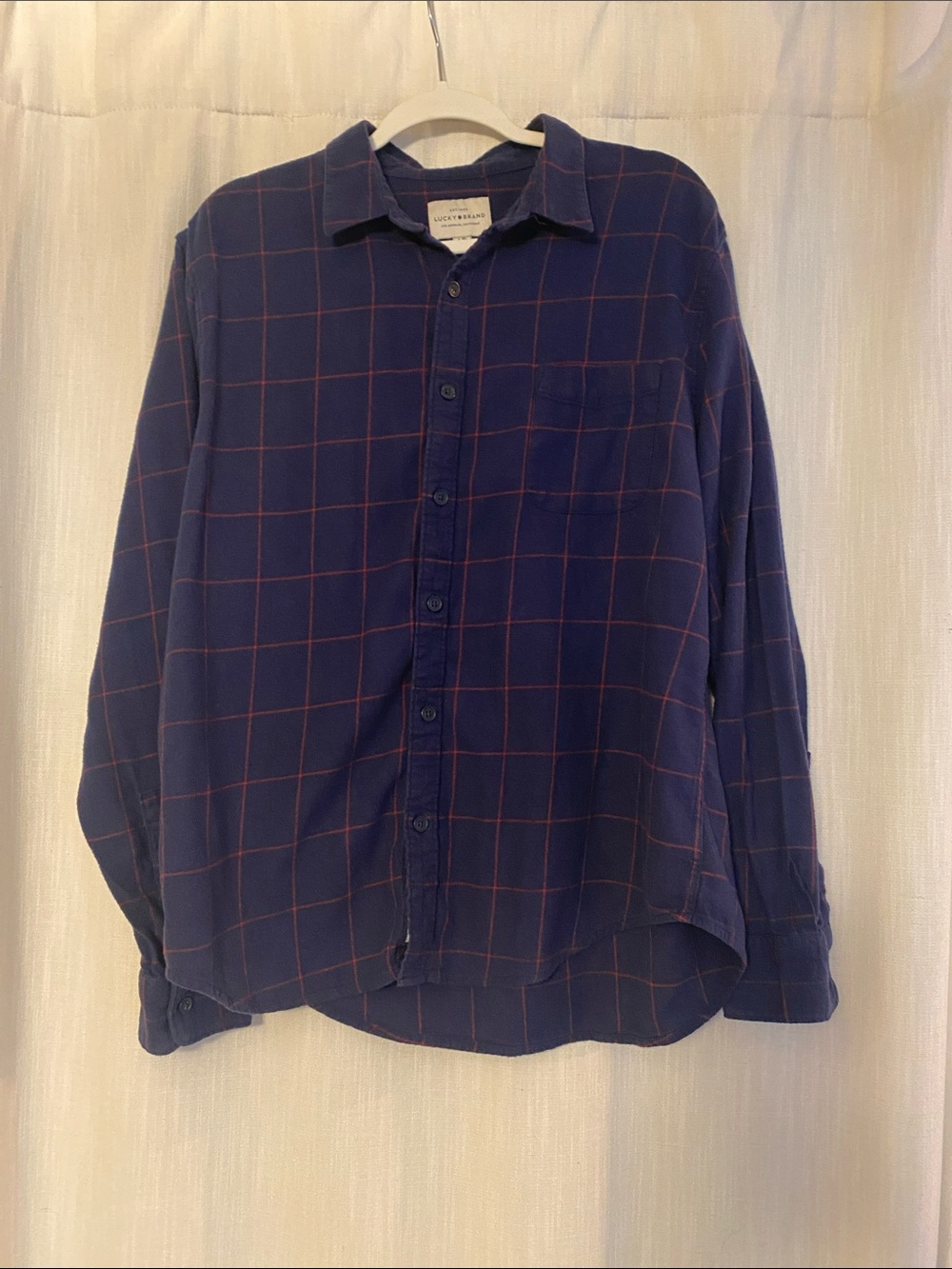 Lucky Brand Flannel Navy Shirt with Red Windowpane Plaid